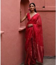Buy Vermillion Half And Half Saree With Blouse by Designer Deep Thee Online at Ogaan.com